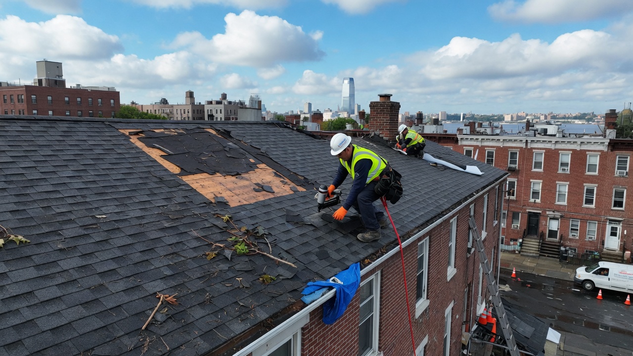 Emergency roof repair service in Jersey City, NJ showing a professional repairing a roof after storm damage